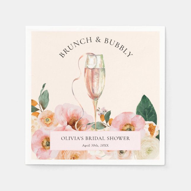 Boho Pink Floral Brunch & Bubbly Napkin (Front)