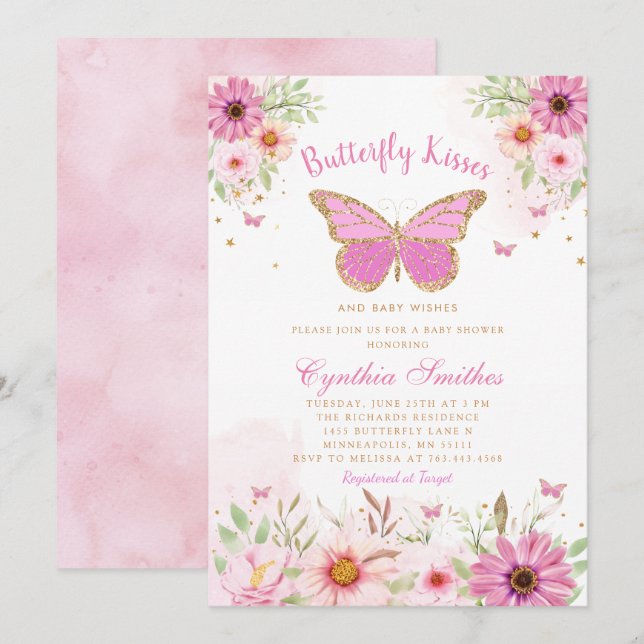 Boho Pink Floral Butterfly Kisses Girl Baby Shower Invitation (Front/Back)