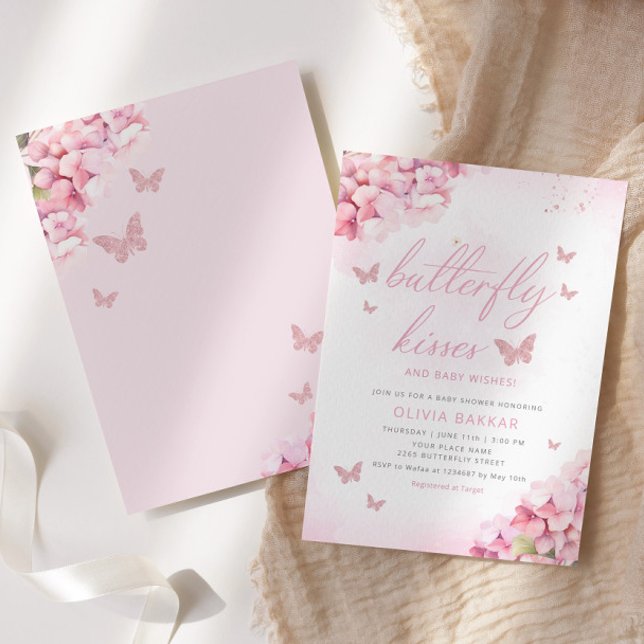 Boho Pink Floral Butterfly Kisses Girl Baby Shower Invitation (Creator Uploaded)