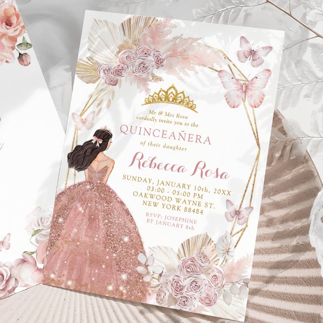 Boho Pink Floral Butterfly Princess Quinceañera Invitation (Creator Uploaded)