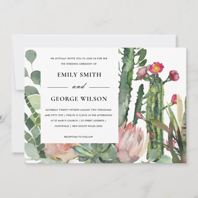 BOHO PINK FLORAL CACTI FAUNA WATERCOLOR WEDDING INVITATION (Front)
