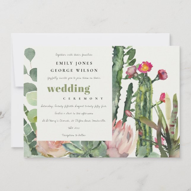 BOHO PINK FLORAL CACTI FAUNA WATERCOLOR WEDDING INVITATION (Front)