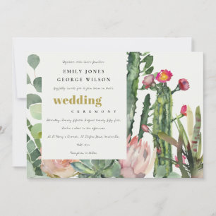 BOHO PINK FLORAL CACTI FAUNA WATERCOLOR WEDDING INVITATION