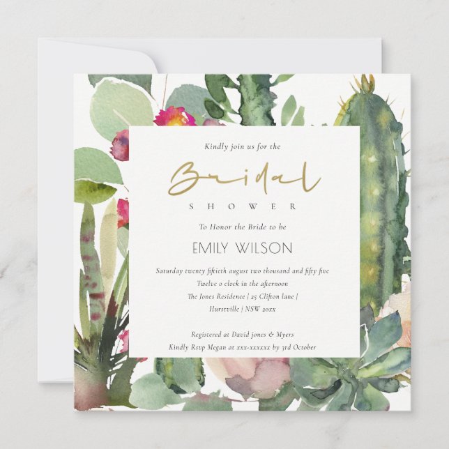 BOHO PINK FLORAL CACTI FOLIAGE BRIDAL SHOWER INVIT INVITATION (Front)