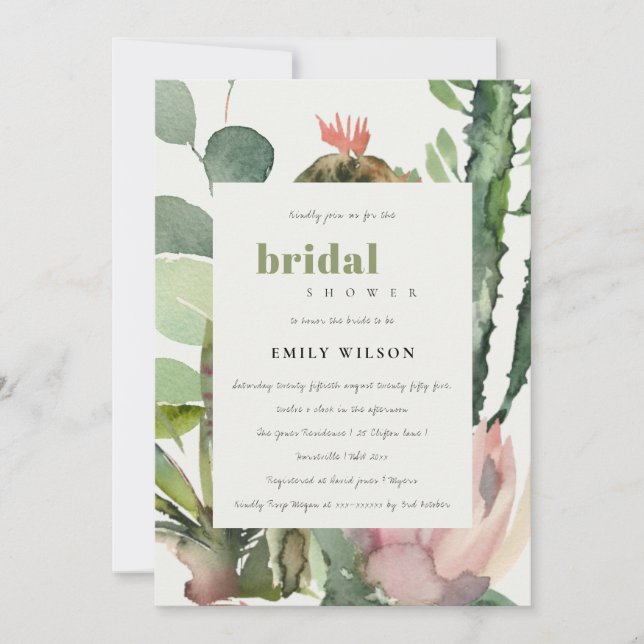 BOHO PINK FLORAL CACTI FOLIAGE BRIDAL SHOWER INVITATION (Front)