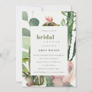 BOHO PINK FLORAL CACTI FOLIAGE BRIDAL SHOWER INVITATION