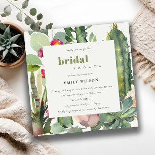BOHO PINK FLORAL CACTI FOLIAGE BRIDAL SHOWER INVITATION