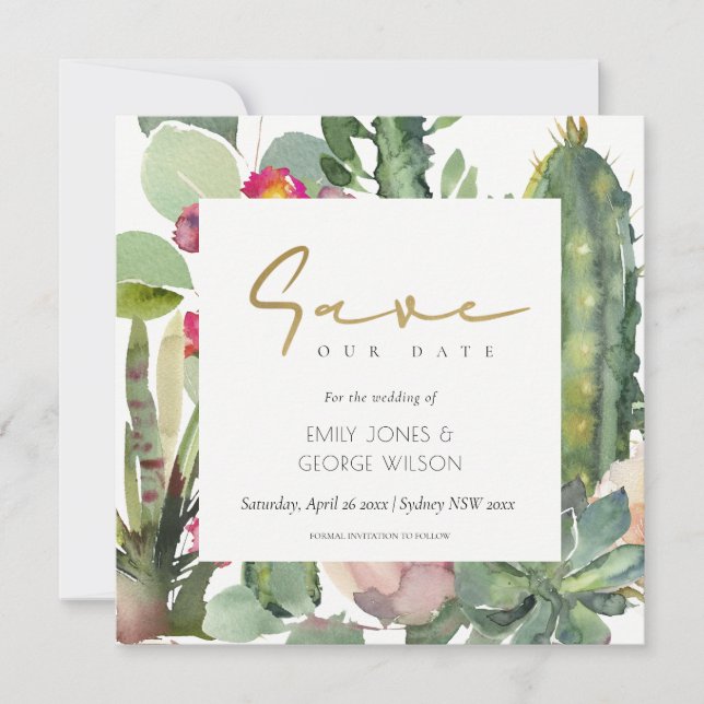 BOHO PINK FLORAL CACTI FOLIAGE SAVE THE DATE  INVITATION (Front)