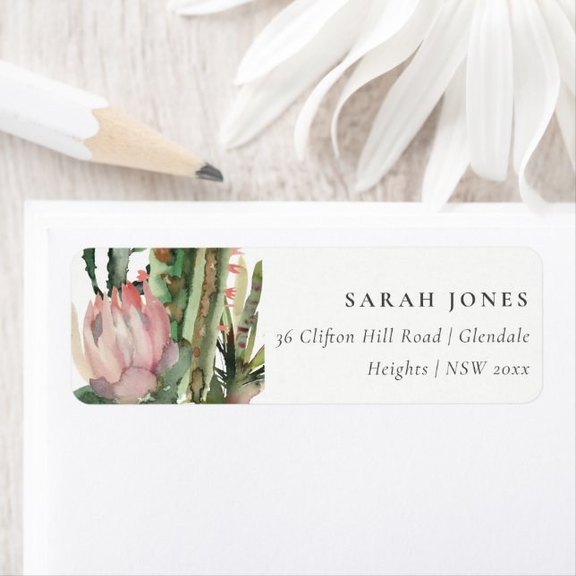 BOHO PINK FLORAL CACTI FOLIAGE WATERCOLOR ADDRESS  (Insitu)