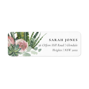 BOHO PINK FLORAL CACTI FOLIAGE WATERCOLOR ADDRESS