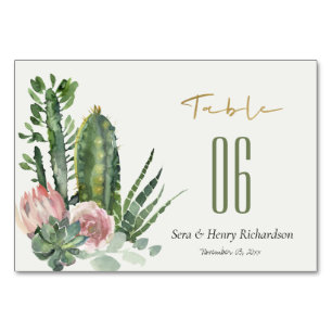 BOHO PINK FLORAL CACTI FOLIAGE WATERCOLOR WEDDING TABLE NUMBER