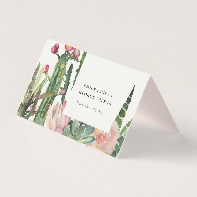BOHO PINK FLORAL CACTI FOLIAGE WEDDING PLACE CARDS (Back)