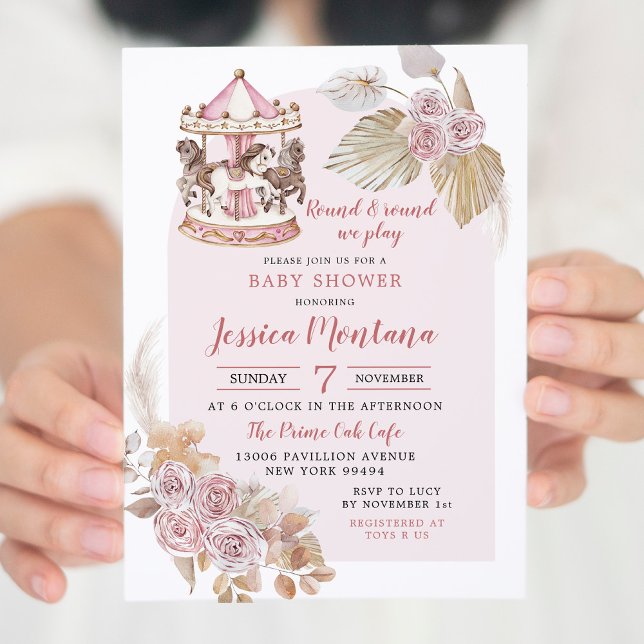 Boho Pink Floral Carousel Baby Shower Invitation (Creator Uploaded)