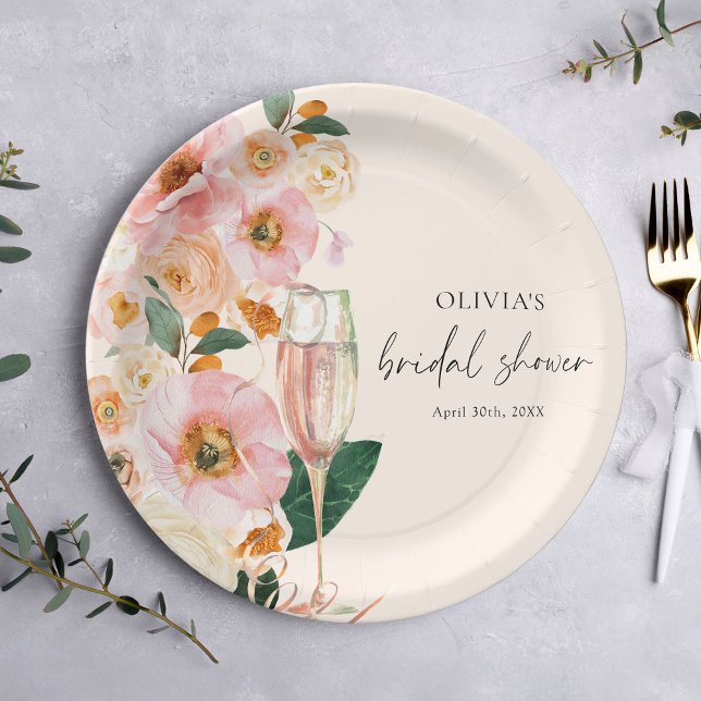 Boho Pink Floral Champagne Bridal Shower Paper Plate (Creator Uploaded)