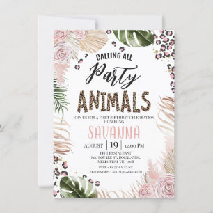 Boho Pink Floral Cheetah Print Safari 1st Birthday Invitation