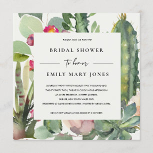 BOHO PINK FLORAL DESERT CACTI FAUNA BRIDAL SHOWER INVITATION