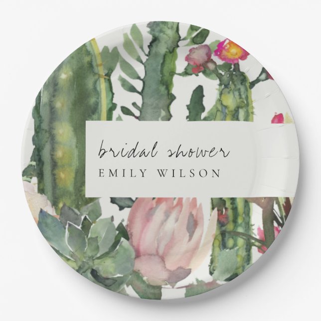 BOHO PINK FLORAL DESERT CACTI FAUNA BRIDAL SHOWER PAPER PLATE (Front)