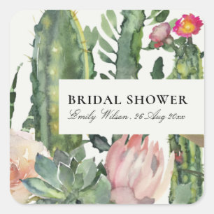 BOHO PINK FLORAL DESERT CACTI FAUNA BRIDAL SHOWER SQUARE STICKER