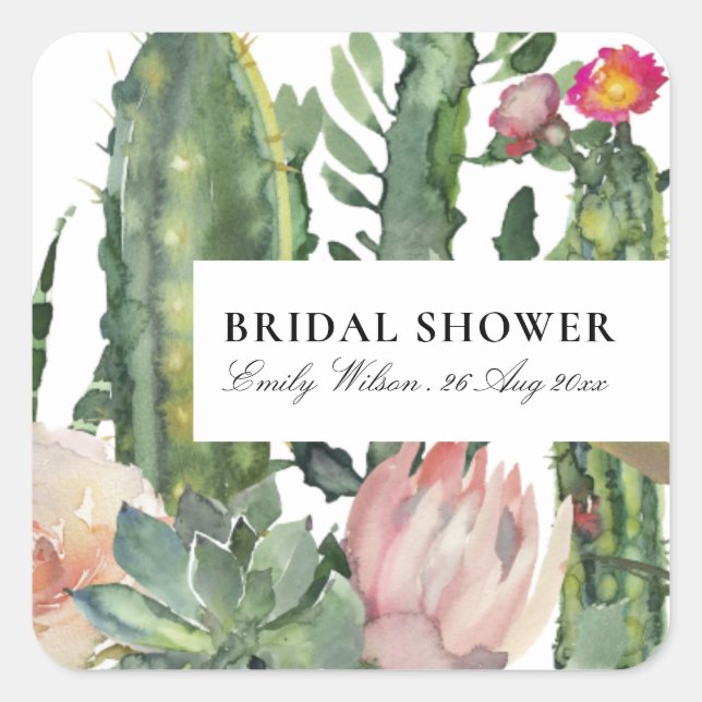 BOHO PINK FLORAL DESERT CACTI FAUNA BRIDAL SHOWER SQUARE STICKER (Front)