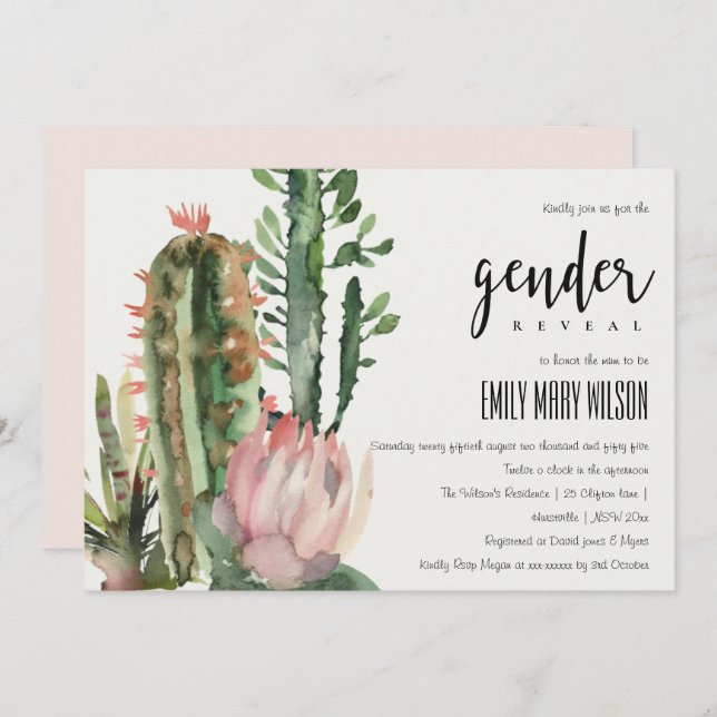 BOHO PINK FLORAL DESERT CACTI FAUNA GENDER REVEAL INVITATION (Front/Back)