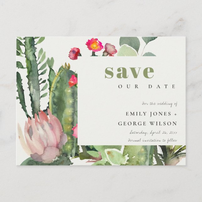 BOHO PINK FLORAL DESERT CACTI FAUNA SAVE THE DATE ANNOUNCEMENT POSTCARD (Front)