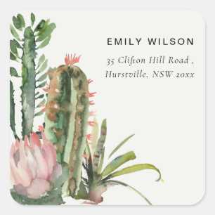 BOHO PINK FLORAL DESERT CACTI FOLIAGE ADDRESS SQUARE STICKER
