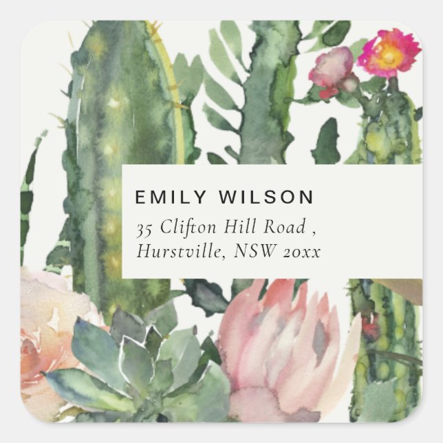 BOHO PINK FLORAL DESERT CACTI FOLIAGE ADDRESS SQUARE STICKER (Front)
