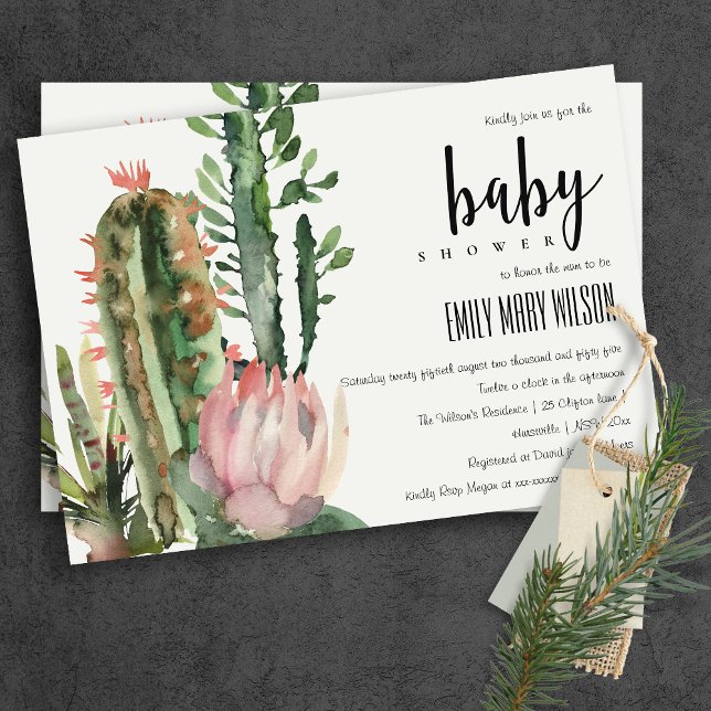 BOHO PINK FLORAL DESERT CACTI FOLIAGE BABY SHOWER INVITATION (Creator Uploaded)