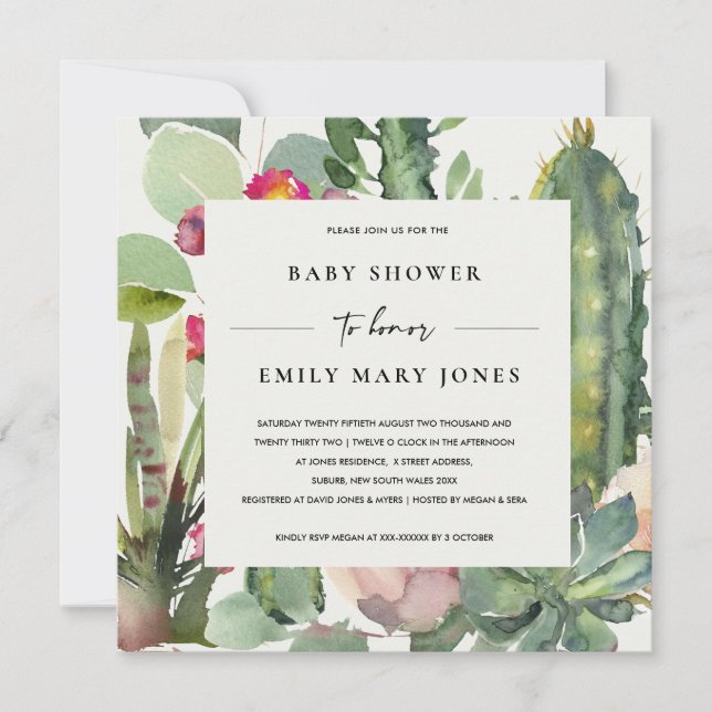 BOHO PINK FLORAL DESERT CACTI FOLIAGE BABY SHOWER INVITATION (Front)