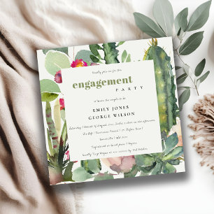 BOHO PINK FLORAL DESERT CACTI FOLIAGE ENGAGEMENT INVITATION
