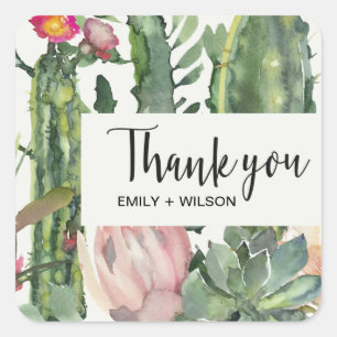 BOHO PINK FLORAL DESERT CACTI FOLIAGE THANK YOU SQUARE STICKER