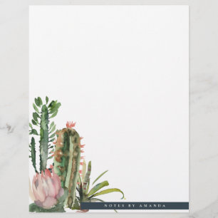 BOHO PINK FLORAL DESERT CACTI FOLIAGE WATERCOLOR CUSTOM LETTERHEAD