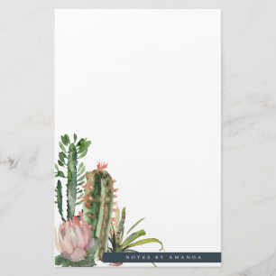 BOHO PINK FLORAL DESERT CACTI FOLIAGE WATERCOLOR STATIONERY