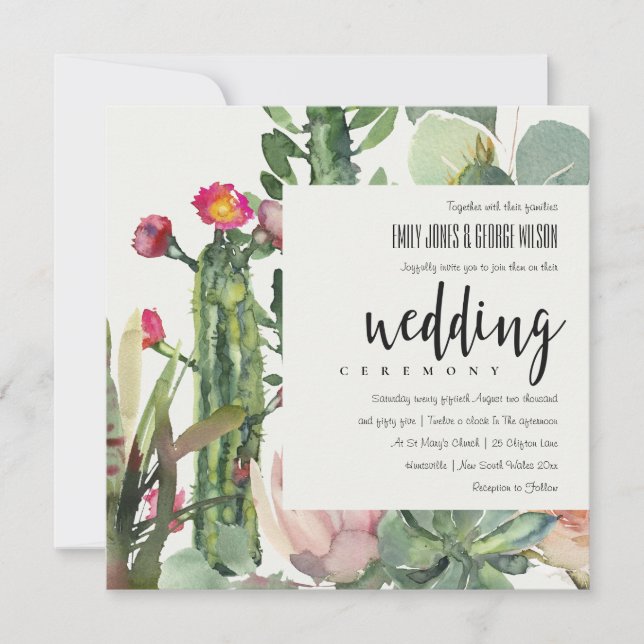 BOHO PINK FLORAL DESERT CACTI FOLIAGE WEDDING INVITATION (Front)