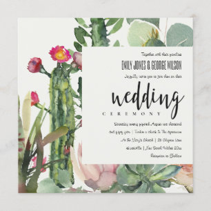 BOHO PINK FLORAL DESERT CACTI FOLIAGE WEDDING INVITATION