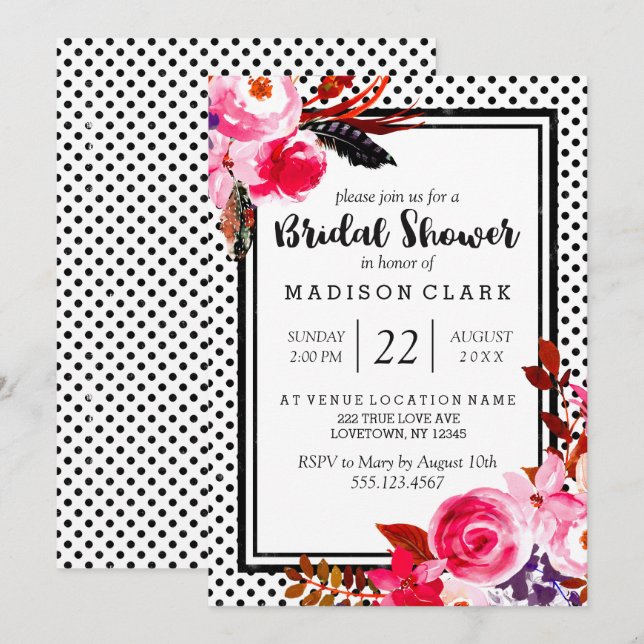Boho Pink Floral & Dots Bridal Shower Invitation (Front/Back)