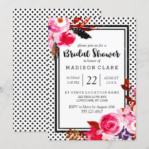 Boho Pink Floral & Dots Bridal Shower Invitation