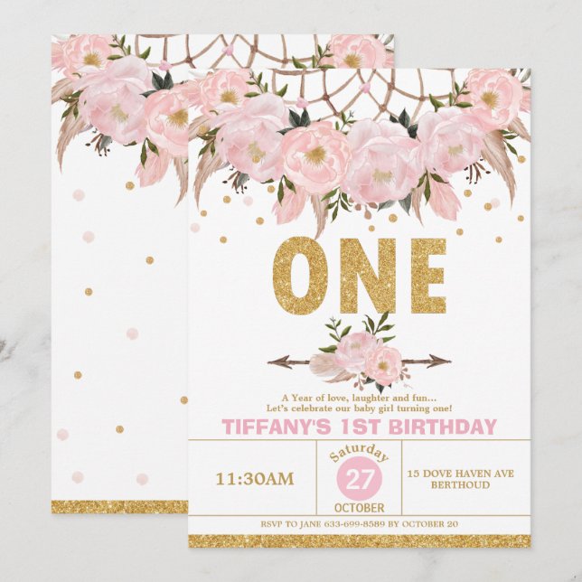 Boho Pink Floral Dream Catcher 1st Birthday Girl Invitation (Front/Back)