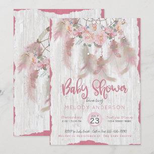BOHO Pink  Floral  DreamCatcher Tribal Baby Shower Invitation
