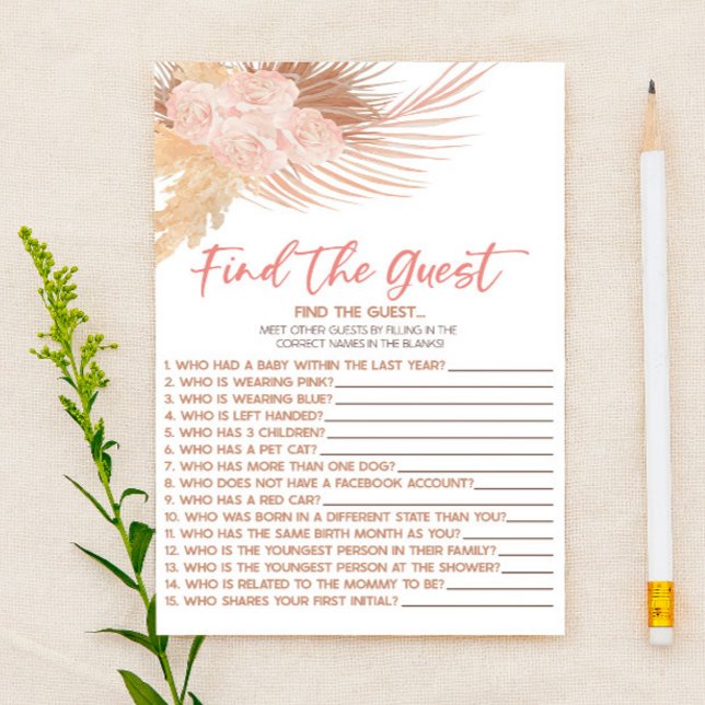 Boho Pink Floral Find The Guest Baby Shower Game Stationery (Creator Uploaded)