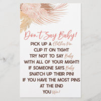 Boho Pink Floral Flower Don't Say Baby Shower Game