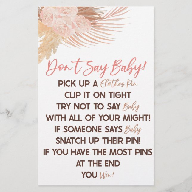 Boho Pink Floral Flower Don't Say Baby Shower Game Stationery (Front)