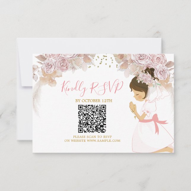 Boho Pink Floral Girl 1st Holy Communion Rsvp Card (Front)