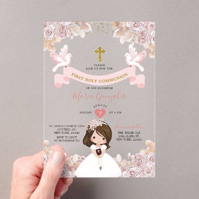 Boho Pink Floral Girl First Holy Communion Acrylic Invitations (Insitu (Handheld))