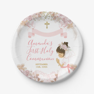 Boho Pink Floral Girl FIRST Holy Communion Cross Paper Plate