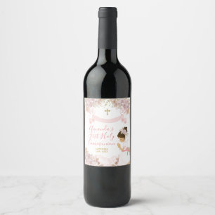 Boho Pink Floral Girl FIRST Holy Communion Cross Wine Label