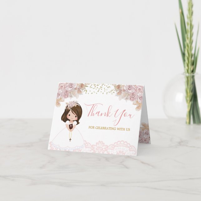 Boho Pink Floral Girl First Holy Communion Folded Thank You Card (Front)