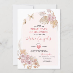 Boho Pink Floral Girl First Holy Communion Invitation
