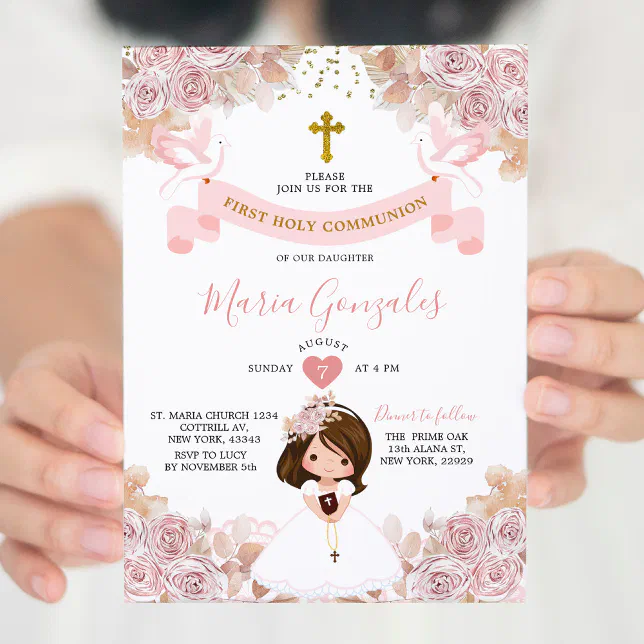 Boho Pink Floral Girl First Holy Communion Invitation | Zazzle