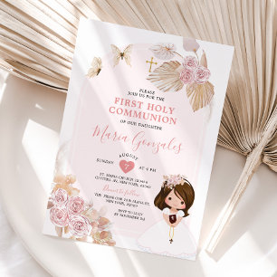 Boho Pink Floral Girl First Holy Communion Invitation